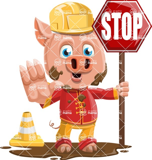 Year of the Pig Character - Vector Pig Cartoon - Year of the Pig Vector Character with Under Construction Sign